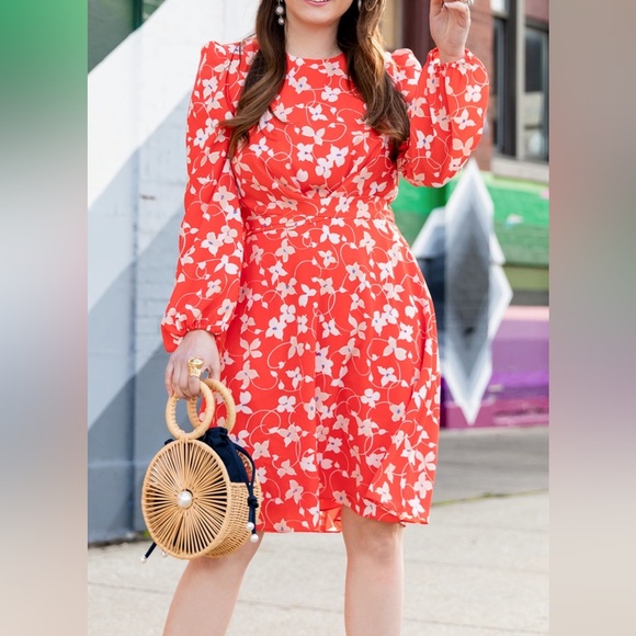 Eliza J Dresses & Skirts - Eliza J Red and White floral Sheath Dress with Bishop Sleeves